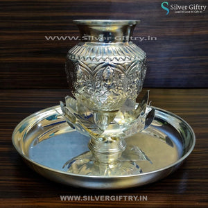 German Silver 10" Plate With Kamal Lotus Stand and Kalsha 5" | Silver Giftry | SGT20K163