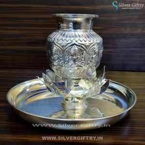 German Silver 10" Plate With Kamal Lotus Stand and Kalsha 5" | Silver Giftry | SGT20K163