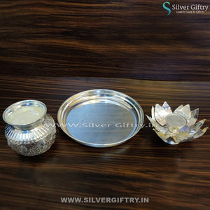 German Silver 10" Plate With Kamal Louts Stand and Kalsha | Silver Giftry | SGT20K164