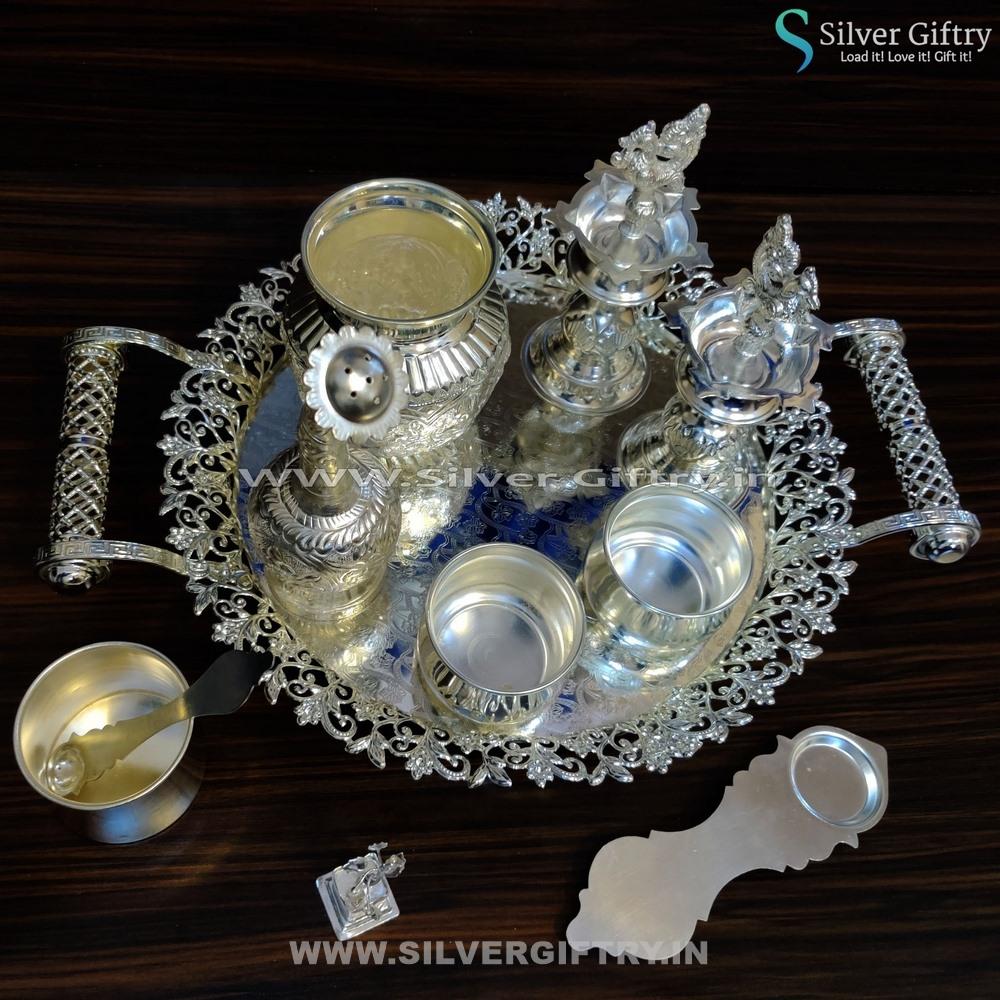 German Silver 10" Plate With Tulsi Pooja Set | Silver Giftry | SGT20K165
