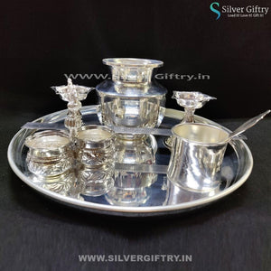 German Silver 12" Plate 2 Cup Bowlset 4" Diya 4" Kalsha Panchpatra | Silver Giftry | SGT20K168