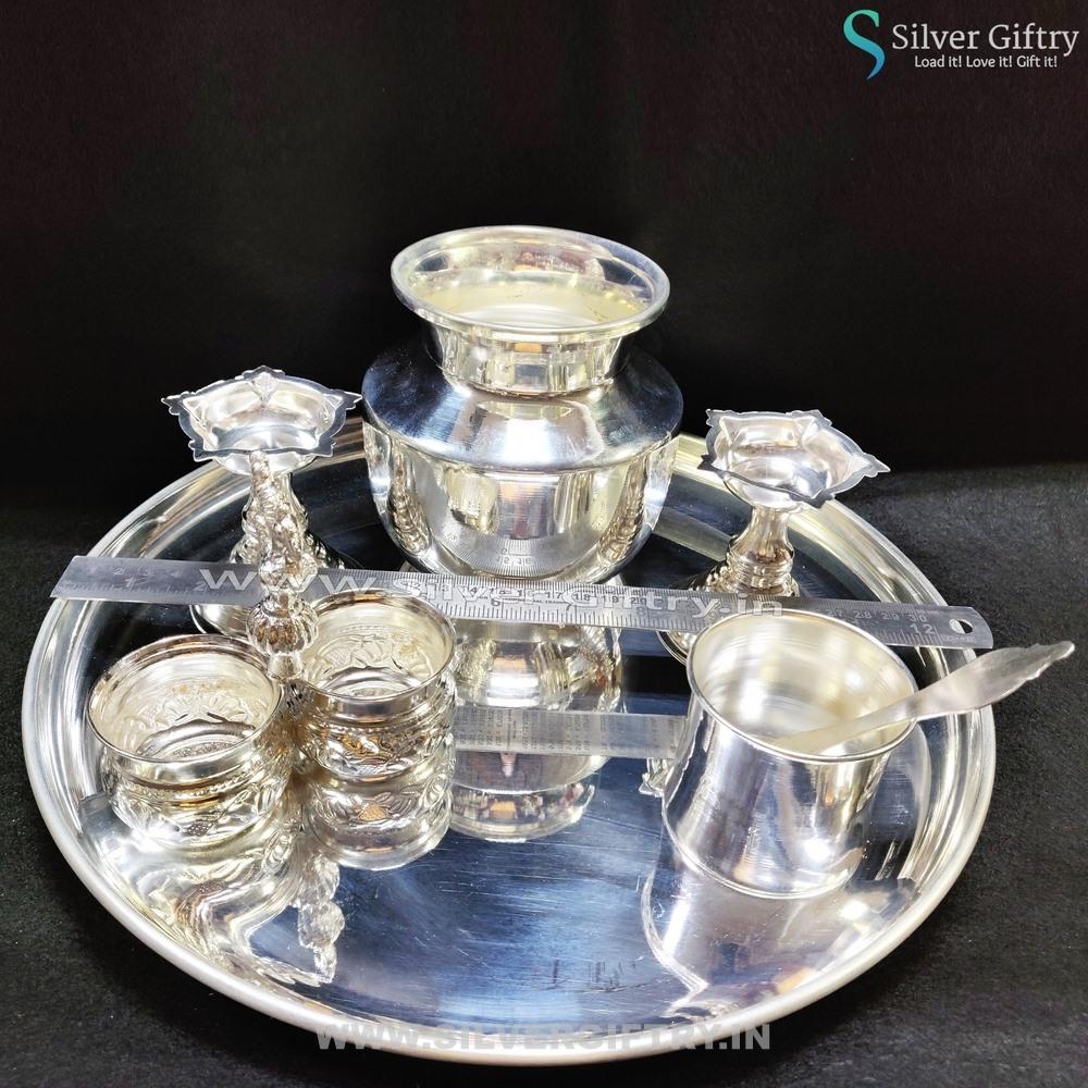 German Silver 12" Plate 2 Cup Bowlset 4" Diya 4" Kalsha Panchpatra | Silver Giftry | SGT20K168