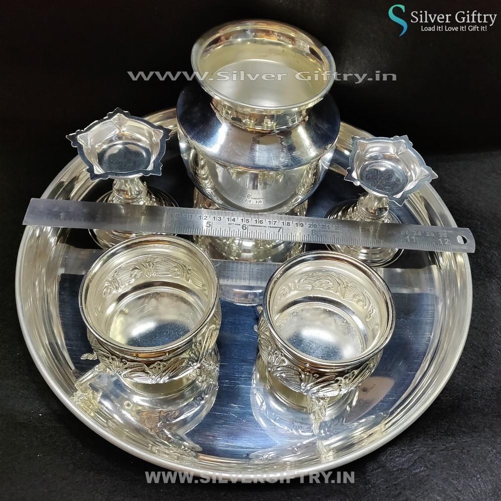 German Silver 12" Plate Kumkum Bowls 4" Diya 4" Kalsha | Silver Giftry | SGT20K169