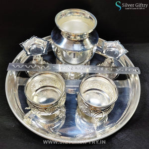 German Silver 12" Plate Kumkum Bowls 4" Diya 4" Kalsha | Silver Giftry | SGT20K169