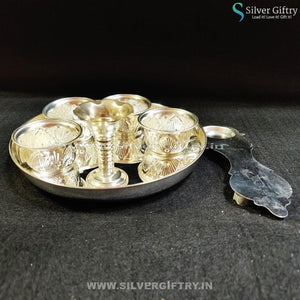 German Silver 8" Pooja Plate bowls Agarbatti and Aarthi Stand | Silver Giftry | SGT20K196