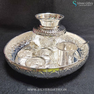 German Silver 9" Plate 5" Kalsha 3 Cup Bowl Set Panchpatra | Silver Giftry | SGT20K199