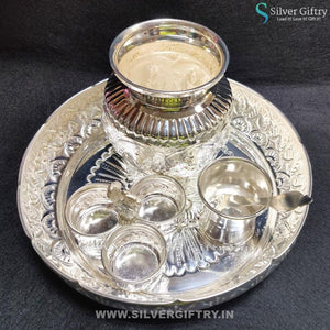 German Silver 9" Plate 5" Kalsha 3 Cup Bowl Set Panchpatra | Silver Giftry | SGT20K199