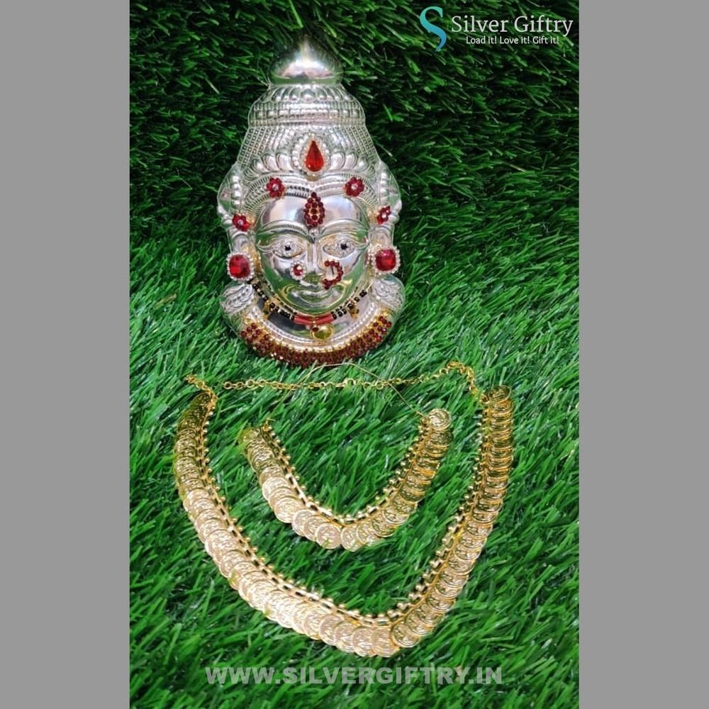 German Silver Decorated Lakshmi Face With Coin Mala | Silver Giftry | SGT20K223