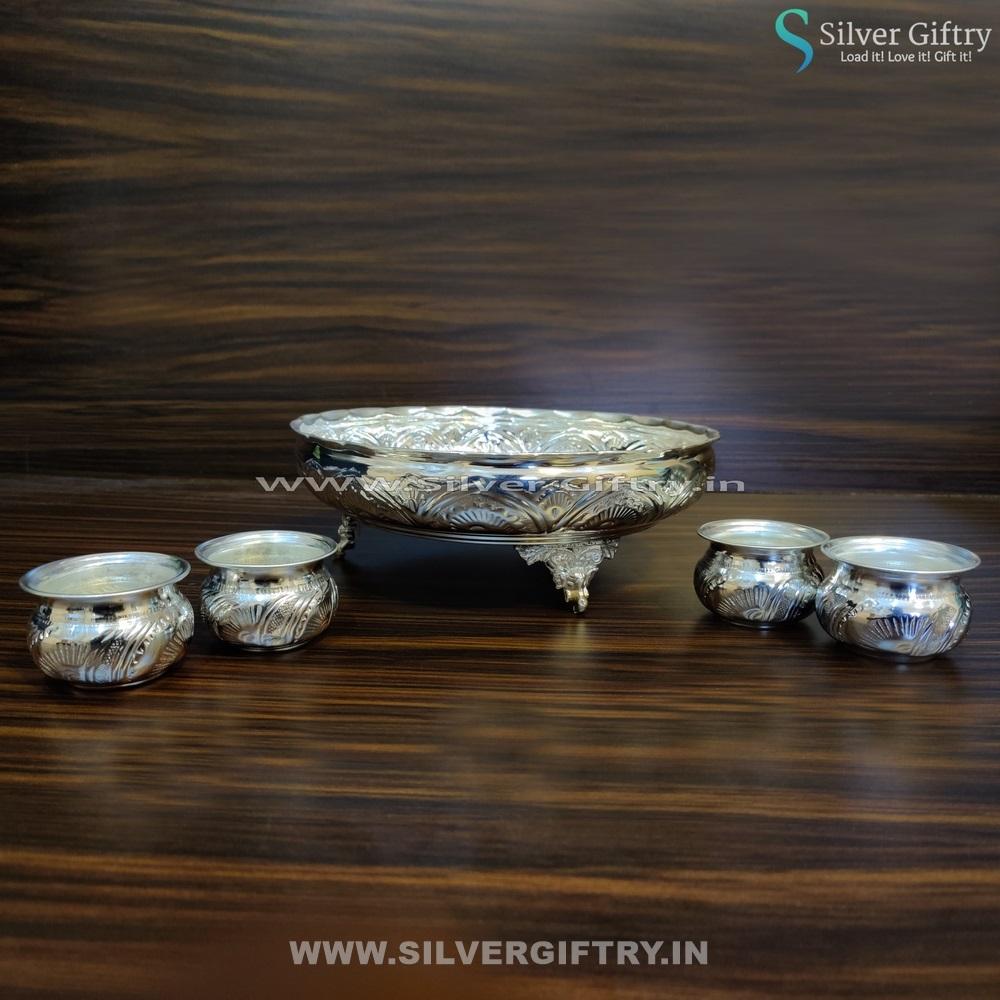German Silver Flower 12" Plate 2" Dasaya Bowls 4 pcs | Silver Giftry | SGT20K228