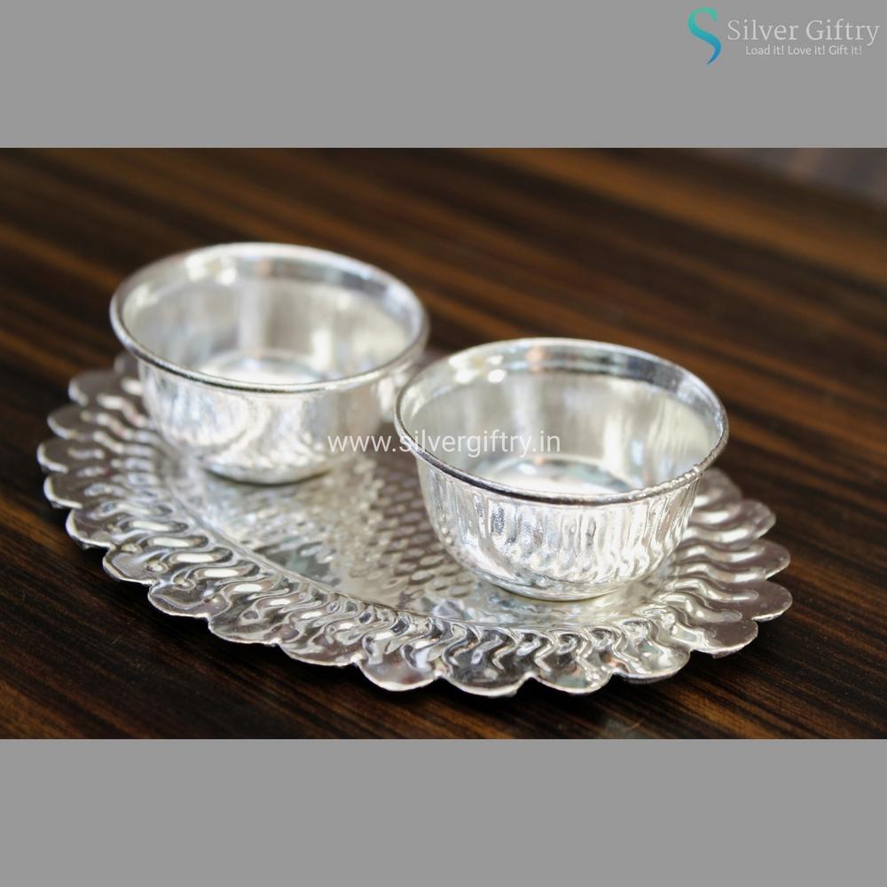 German Silver Kumkum Platter 2 Cups | Silver Giftry | SGT20K260