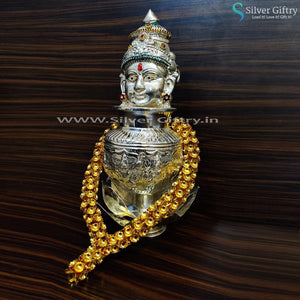 German Silver Lakshmi Face With Lotus Stand And 4" Astalakshmi Kalsha and 12" Mala | Silver Giftry | SGT20K270