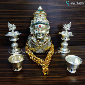 German Silver Lakshmi Face With Lotus Stand And 4" Astalakshmi Kalsha and 12" Mala | Silver Giftry | SGT20K270