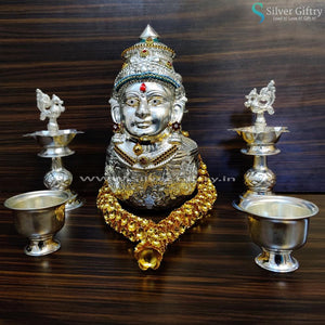 German Silver Lakshmi Face With Lotus Stand And 4" Astalakshmi Kalsha and 12" Mala | Silver Giftry | SGT20K270