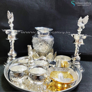German Silver Lotus Plate Deepam 4 Bowl Set Astalakshmi Kalsha Gold Bowl Panchpatra | Silver Giftry | SGT20K275