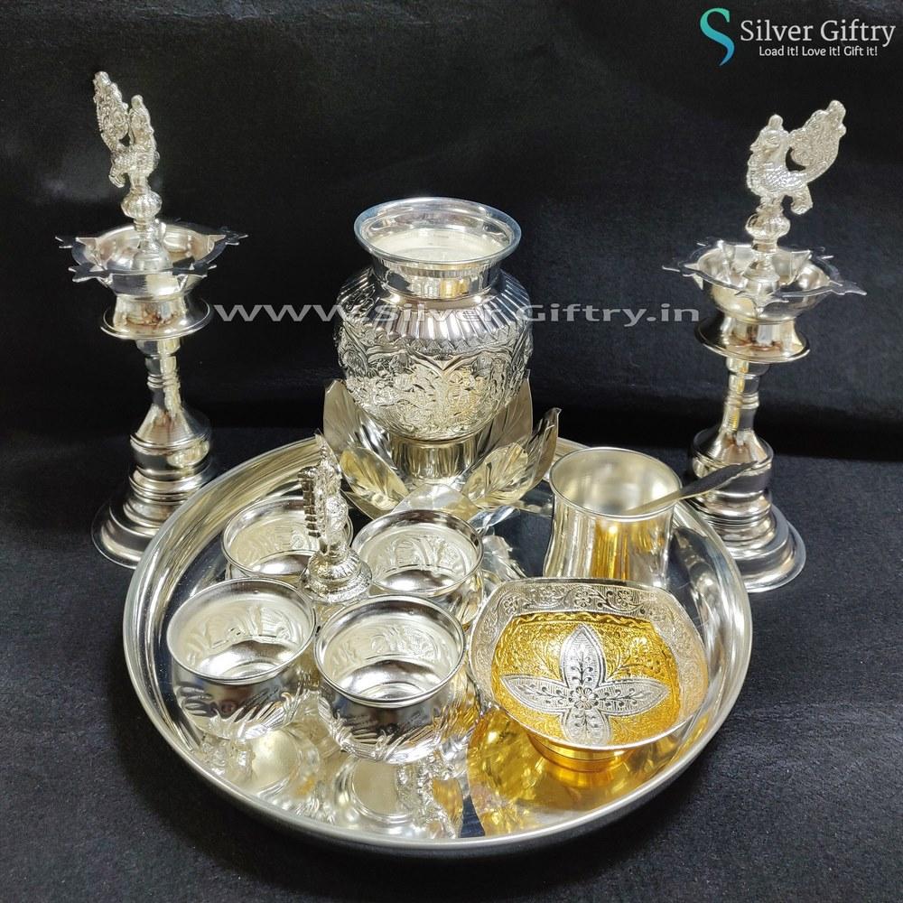 German Silver Lotus Plate Deepam 4 Bowl Set Astalakshmi Kalsha Gold Bowl Panchpatra | Silver Giftry | SGT20K275