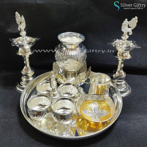 German Silver Lotus Plate Deepam 4 Bowl Set Astalakshmi Kalsha Gold Bowl Panchpatra | Silver Giftry | SGT20K275