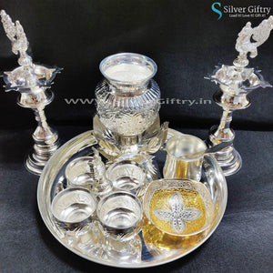 German Silver Lotus Plate Deepam 4 Bowl Set Astalakshmi Kalsha Gold Bowl Panchpatra | Silver Giftry | SGT20K275