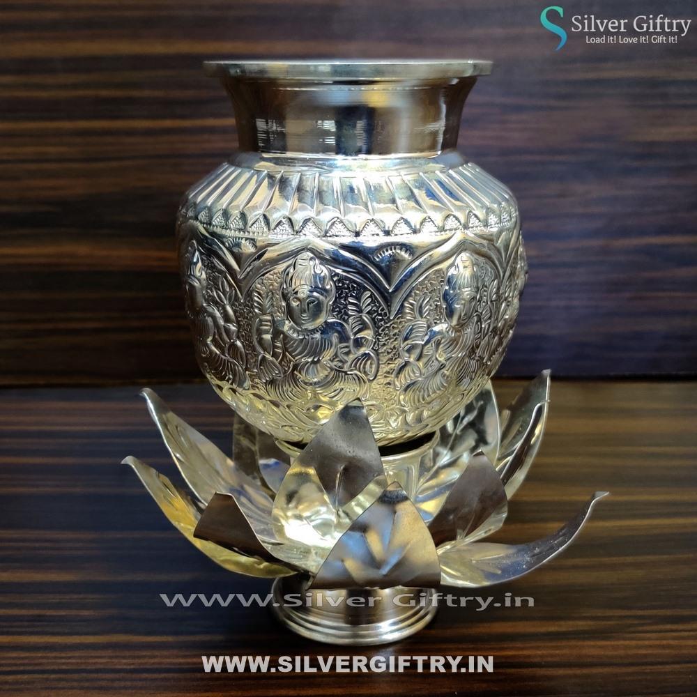 German Silver Lotus Stand With 4" Astalakshmi Kalsha | Silver Giftry | SGT20K279