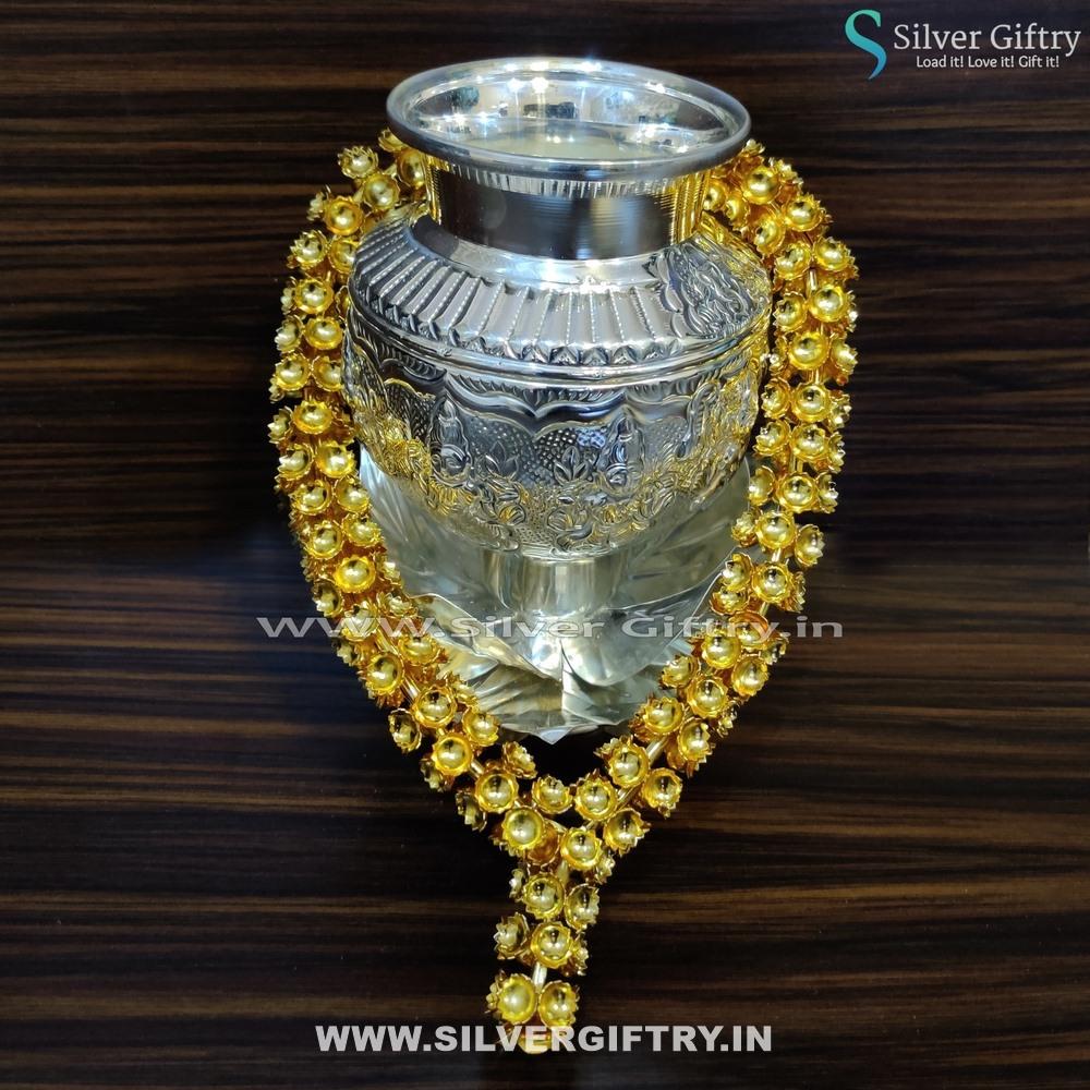 German Silver Lotus Stand With 4" Astalakshmi Kalsha and 12" Mala | Silver Giftry | SGT20K280