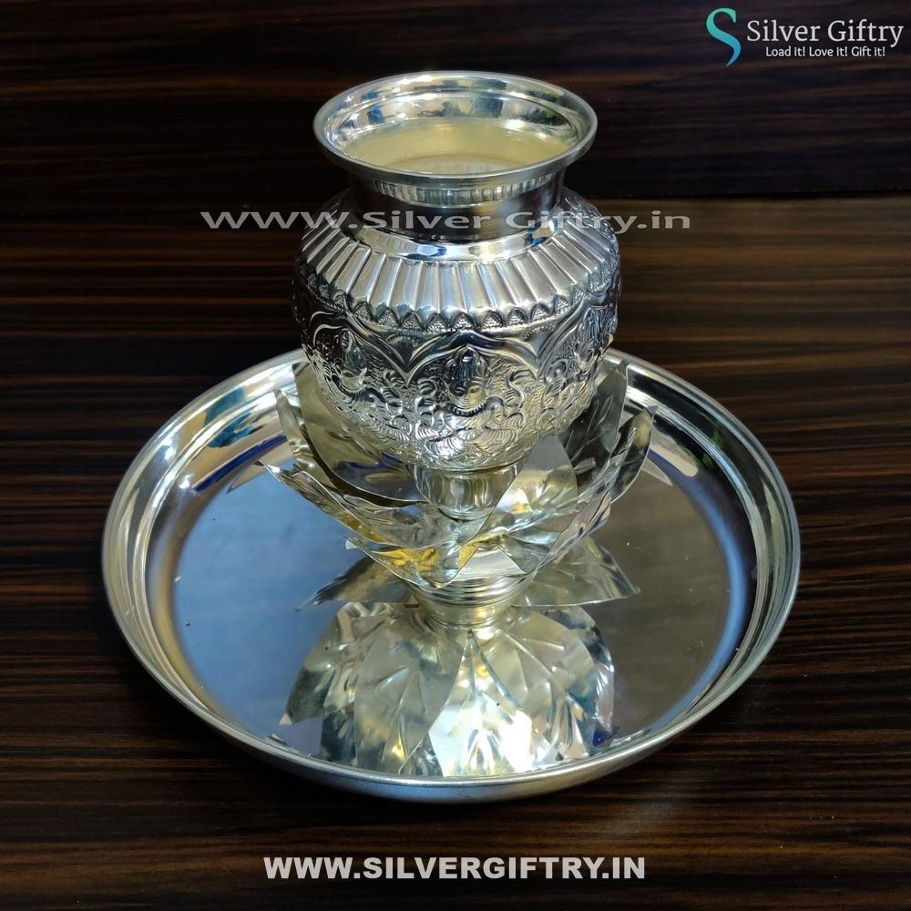 German Silver Lotus Stand With 5" Astalakshmi Kalsha | Silver Giftry | SGT20K281