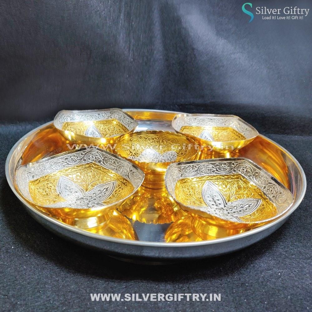 German Silver Plate With German Silver Gold Bowls 5 pcs | Silver Giftry | SGT20K305