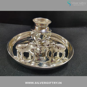 German Silver Pooja 8" Plate With Kalsha Elephant Dabbi | Silver Giftry | SGT20K306