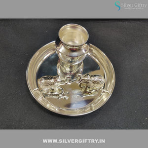 German Silver Pooja 8" Plate With Kalsha Elephant Dabbi | Silver Giftry | SGT20K306