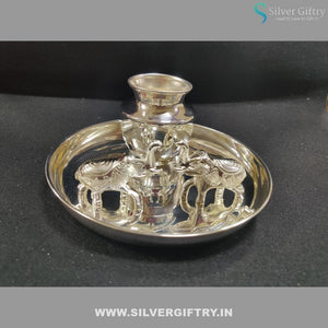 German Silver Pooja 8" Plate With Kalsha Elephant Dabbi | Silver Giftry | SGT20K306