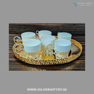 German Silver Tray With German Silver Tea Set Of 6 Glasses Combo (Gold) | Silver Giftry | SGT20K320