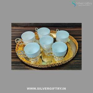 German Silver Tray With German Silver Tea Set Of 6 Glasses Combo (Gold) | Silver Giftry | SGT20K320