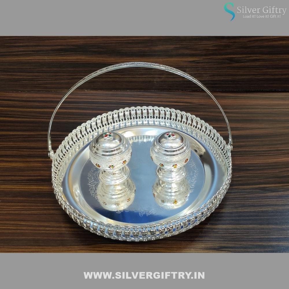 Imported 10" Plate German Silver Meenakri Dabbi | Silver Giftry | SGT20K349