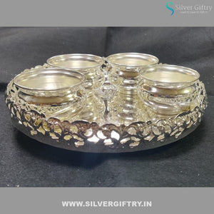 Imported 10" Tray With German Silver Kumkum Bowls 3" Set Of 4 Bowls | Silver Giftry | SGT20K353