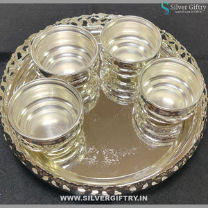 Imported 10" Tray With German Silver Kumkum Bowls 3" Set Of 4 Bowls | Silver Giftry | SGT20K353