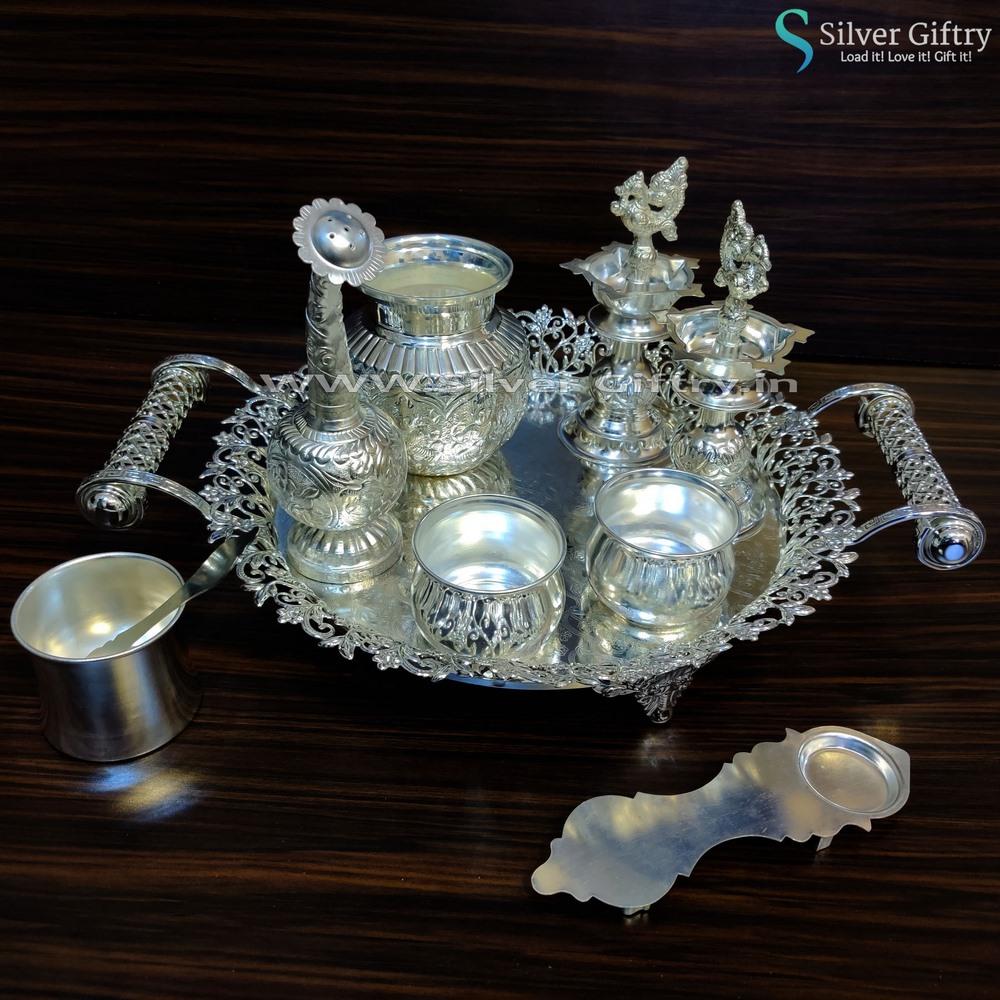 Imported 12" Tray With German Silver Pooja Thali | Silver Giftry | SGT20K356