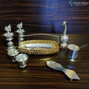Imported Boat Tray With German Silver Pooja Set | Silver Giftry | SGT20K362