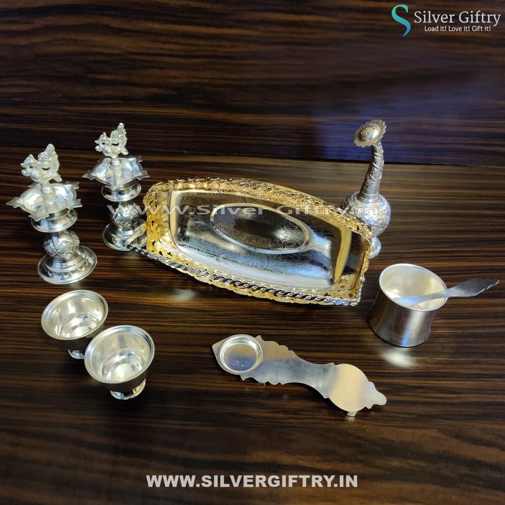 Imported Boat Tray With German Silver Pooja Set | Silver Giftry | SGT20K362