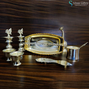 Imported Boat Tray With German Silver Pooja Set | Silver Giftry | SGT20K362