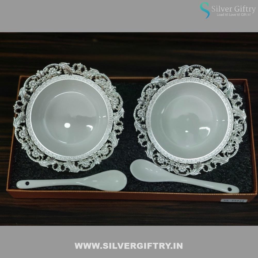 Imported German Silver 5" Bowl With Spoons | Silver Giftry | SGT20K368