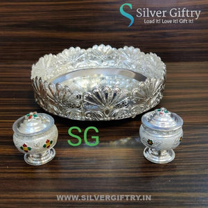 Imported German Silver Feather Tray With Kumkum Dabbi | 2 Sets | Silver Giftry | SGT20K371