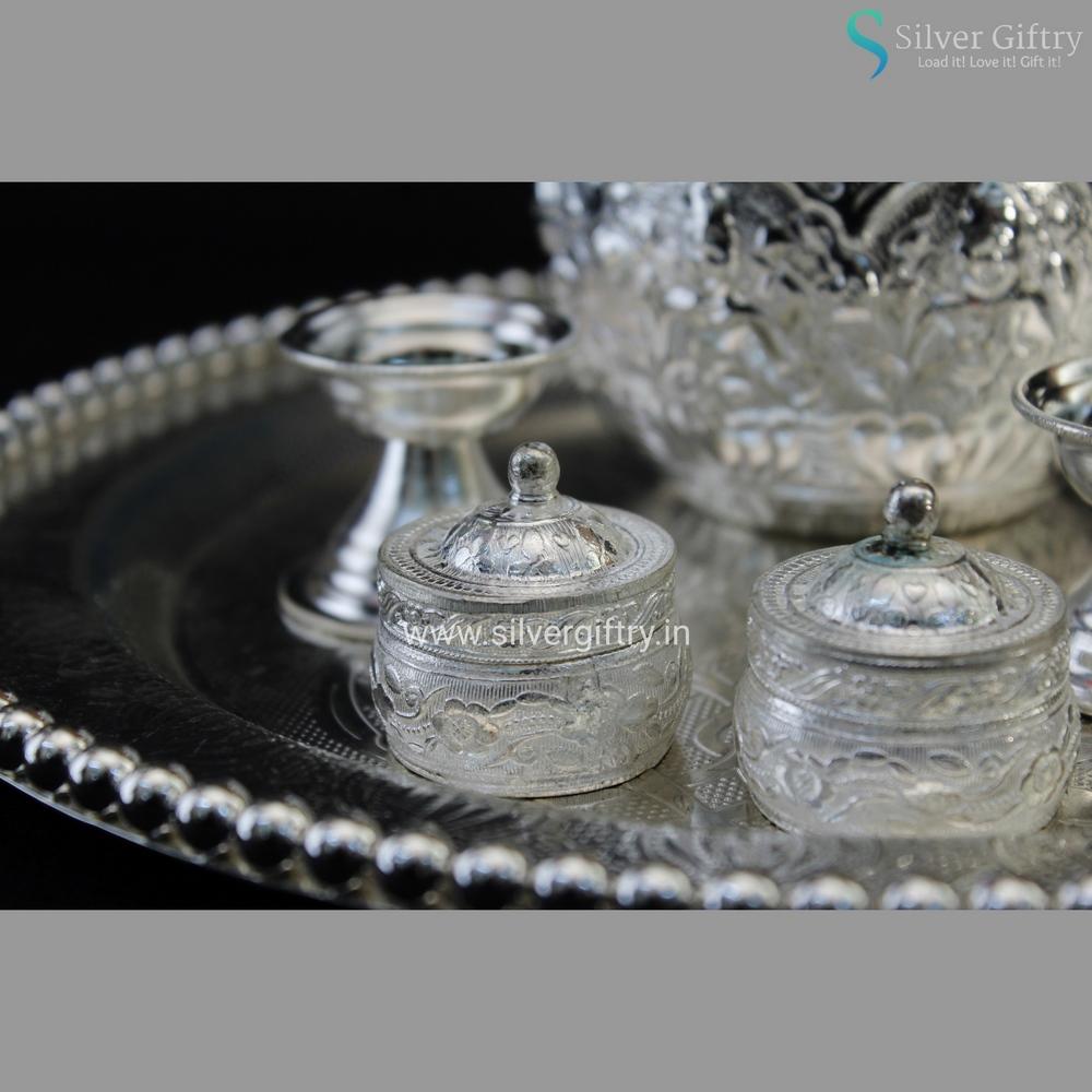 Imported German Silver Pearl Tray With Pooja Thali | Silver Giftry | SGT20K373