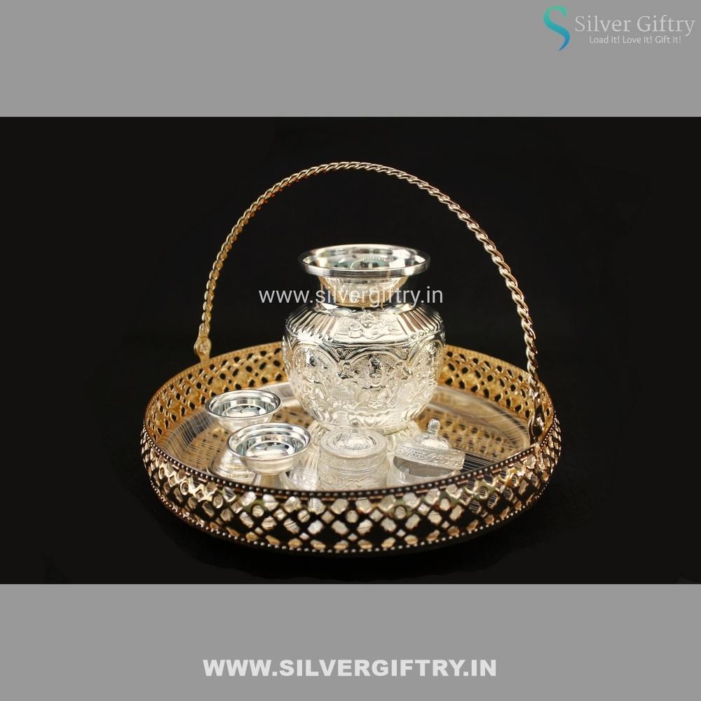 Imported German Silver Tray With Pooja Thali | Silver Giftry | SGT20K375
