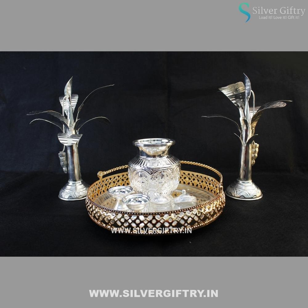 Imported German Silver Tray With Pooja Thali With Silver Banana Tree | Silver Giftry | SGT20K376