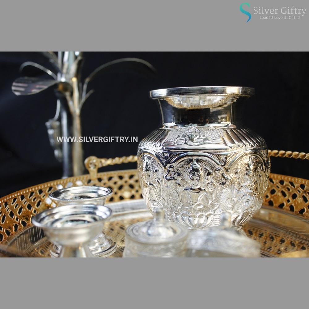 Imported German Silver Tray With Pooja Thali With Silver Banana Tree | Silver Giftry | SGT20K376