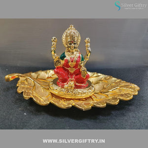 Imported Leaf Plate With 24kr Gold Lakshmi Idol 3" | Silver Giftry | SGT20K379