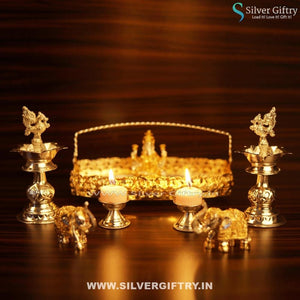 Imported Plate 3.5 Ganesha Idol 2" Elephants 6.5 German Silver Deepam 2" Deepam | Silver Giftry | SGT20K381