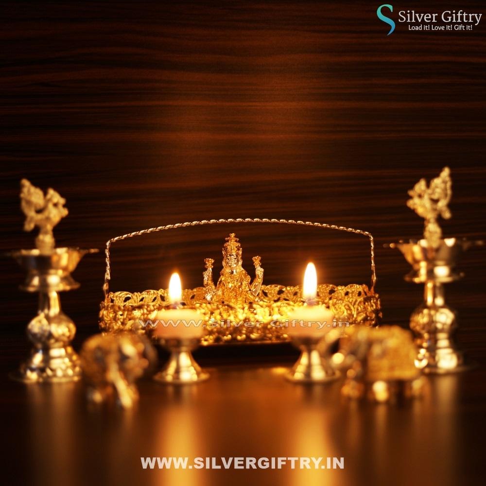 Imported Plate 3.5 Ganesha Idol 2" Elephants 6.5 German Silver Deepam 2" Deepam | Silver Giftry | SGT20K381