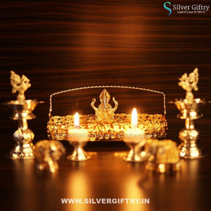 Imported Plate 3.5 Ganesha Idol 2" Elephants 6.5 German Silver Deepam 2" Deepam | Silver Giftry | SGT20K381