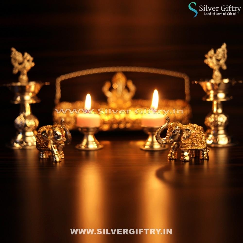 Imported Plate 3.5 Ganesha Idol 2" Elephants 6.5 German Silver Deepam 2" Deepam | Silver Giftry | SGT20K381