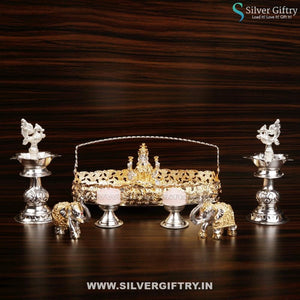 Imported Plate Lakshmi Idol Elephants German Silver Deepam | Silver Giftry | SGT20K383