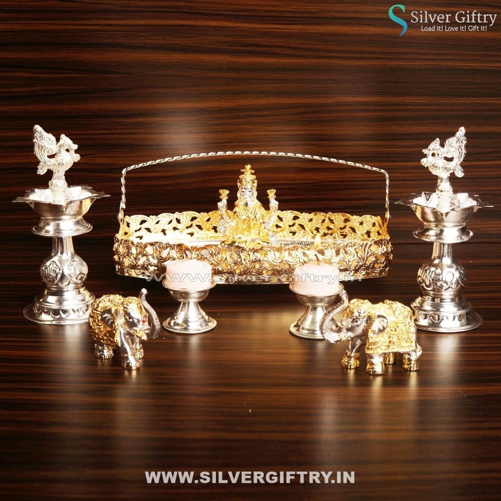 Imported Plate Lakshmi Idol Elephants German Silver Deepam | Silver Giftry | SGT20K383